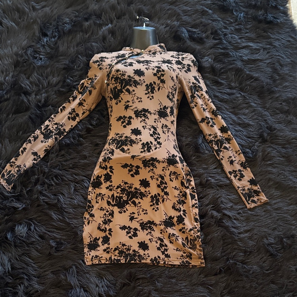 Fashion Nova Beige Long Sleeve Floral Bodycon Dress with Black Print